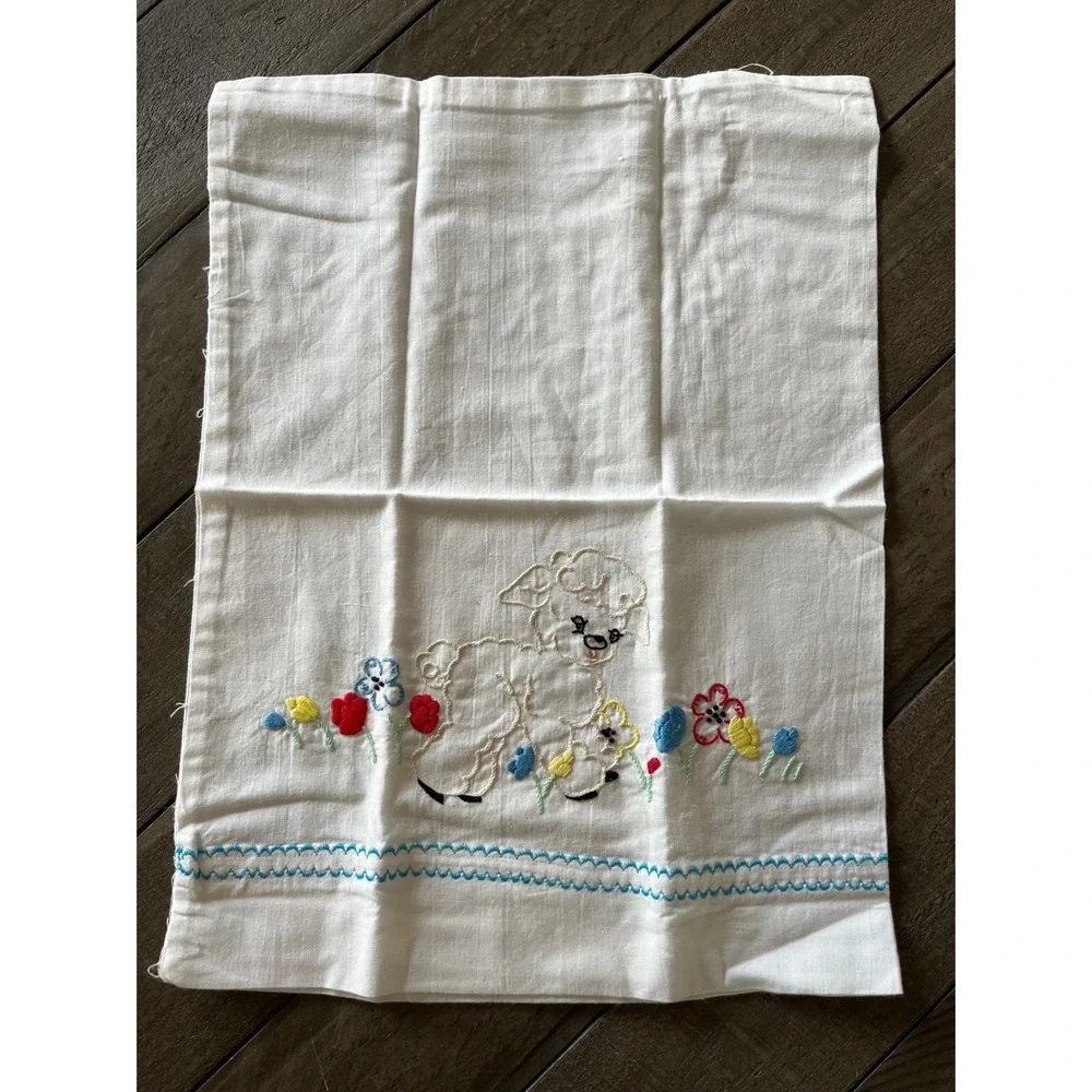 Vintage Hand Embroidered Lamb Flower Cotton Childs Pillowcase